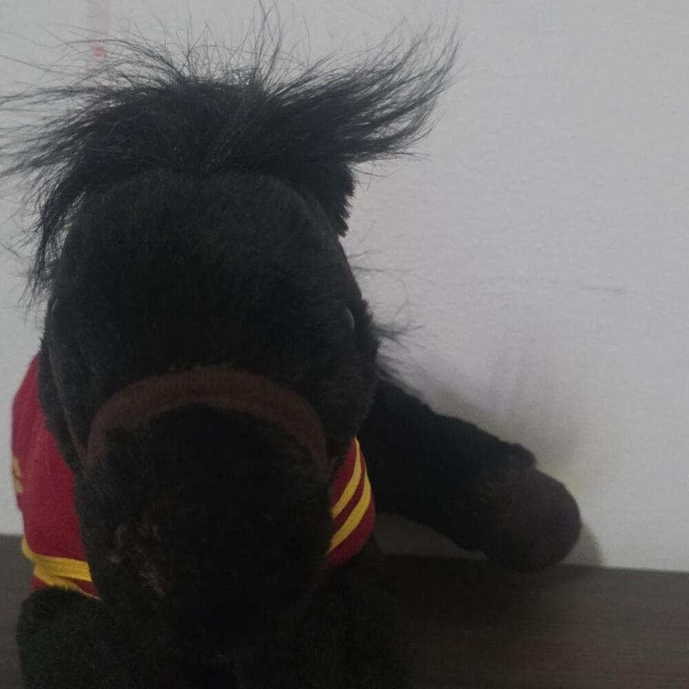 wells fago Black plush horse with red and yellow striped vest #plush #horse